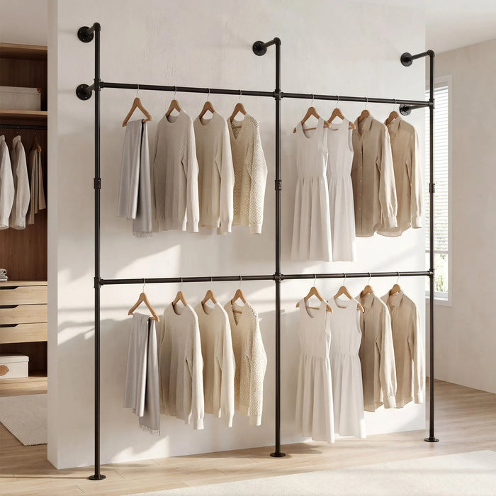 227CM Industrial Pipe Clothing Rack Wall Mounted Metal Garment Organizer-