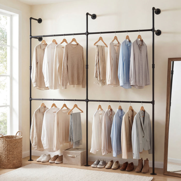 227CM Industrial Pipe Clothing Rack Wall Mounted Metal Garment Organizer-