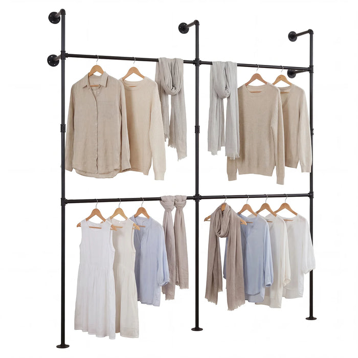 227CM Industrial Pipe Clothing Rack Wall Mounted Metal Garment Organizer-