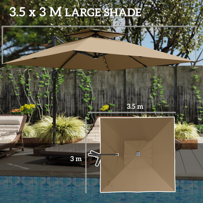 Outsunny 3.5x3 m Garden Cantilever Parasol with Solar LED Lights and Centre Light, Aluminium Large Square Patio Umbrella, UPF50+ Hanging Sun Shade with Cross Base, Crank Handle and Tilt, Khaki
