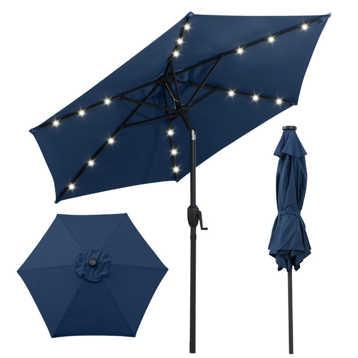 230 cm Solar Powered Patio Umbrella with LED Lights Push Button Tilt and Crank Handle-Beige