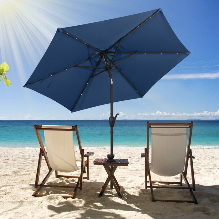 230 cm Solar Powered Patio Umbrella with LED Lights Push Button Tilt and Crank Handle-Beige