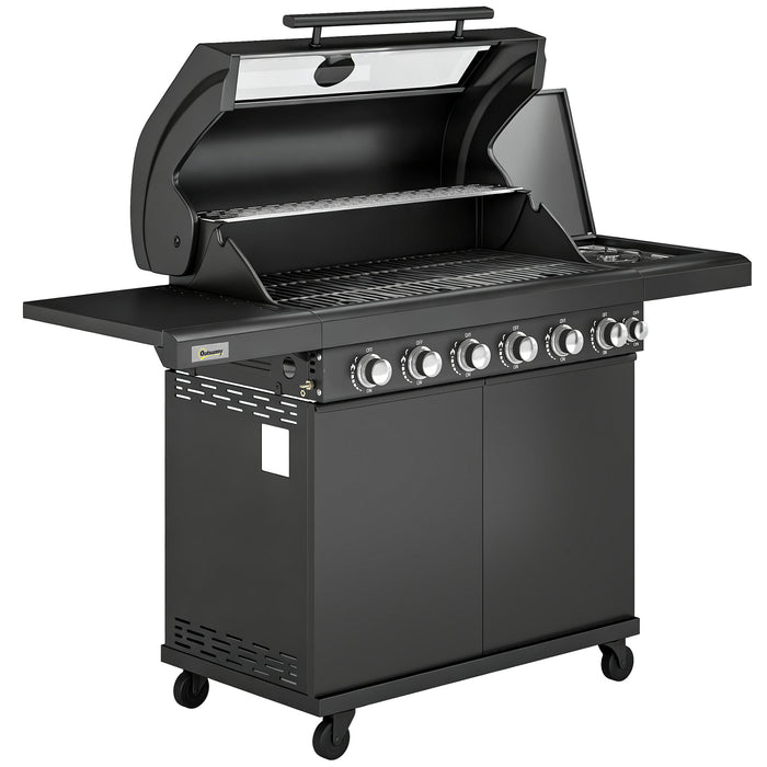 Outsunny 6+1 Burner Gas BBQ Grill, Outdoor Barbecue Trolley with Wheels, Warming Rack, Thermometer, Bottle Opener, Black