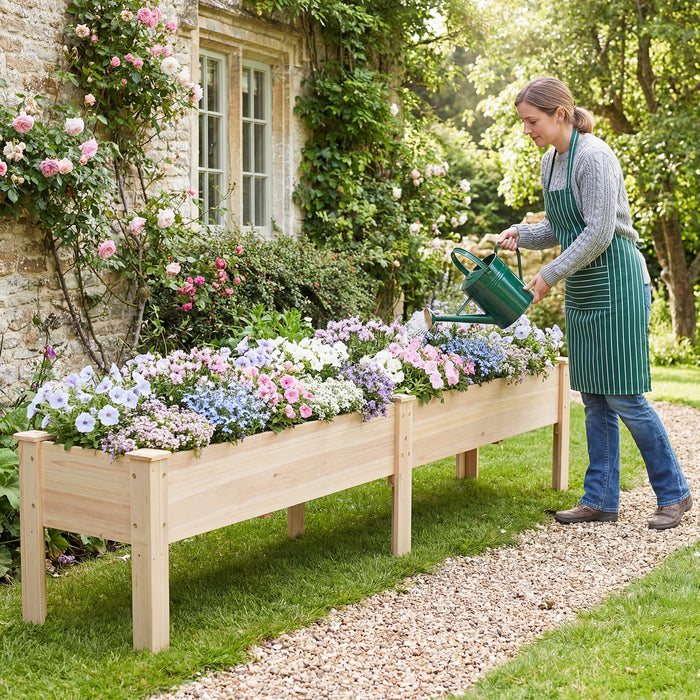 240 x 43.5 CM Fir Wood Raised Garden Bed with Legs Elevated Planter Box with Drainage Holes-Natural