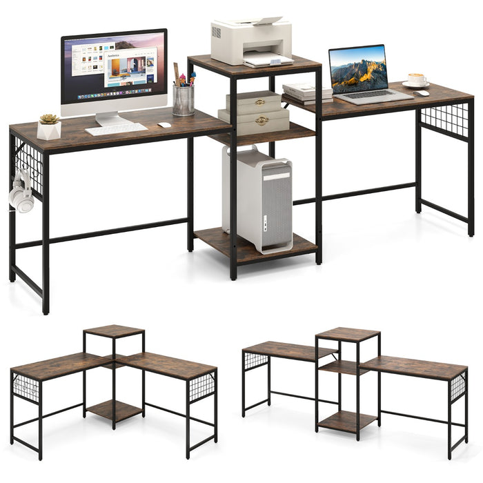240 cm Long Convertible 2-Person Desk with Printer Stand and Adjustable Shelf-Rustic Brown