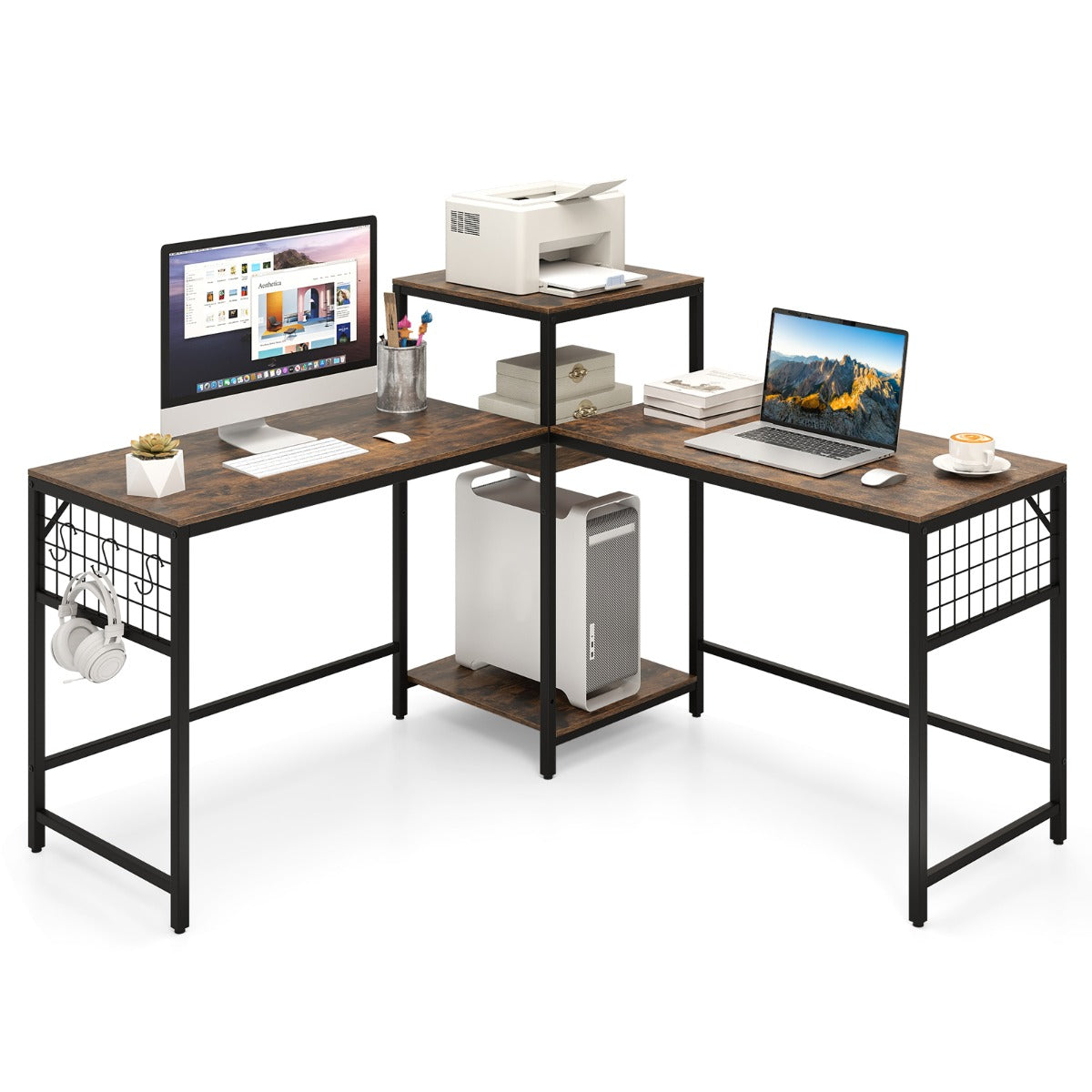 240 cm Long Convertible 2-Person Desk with Printer Stand and Adjustable Shelf-Rustic Brown