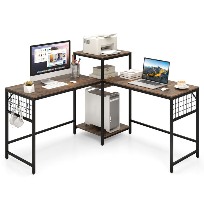 240 cm Long Convertible 2-Person Desk with Printer Stand and Adjustable Shelf-Rustic Brown