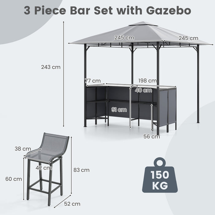 245 x 245 cm 3-Piece Patio Bar Set Grill Gazebo with Bar Stools and Table-