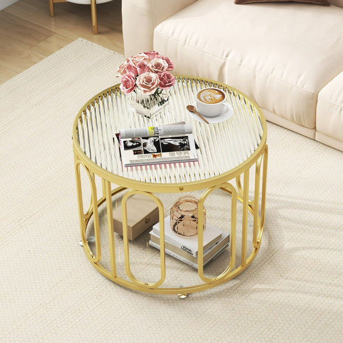 24 Inch Round Coffee Table with Reeded Tempered Glass Top-