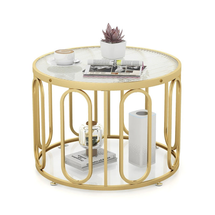 24 Inch Round Coffee Table with Reeded Tempered Glass Top-
