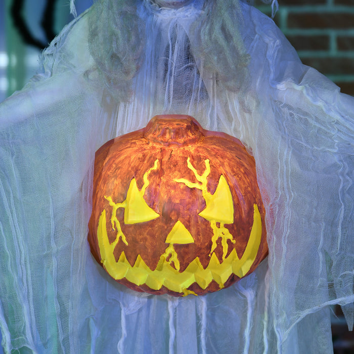 HOMCOM 6ft Outdoor Halloween Decoration Witch with Pumpkin, Hanging Skeleton Witch Prop Life Size with Sound and Motion Activated, Light Up Eyes, Laughing Sound, Posable Arms, White