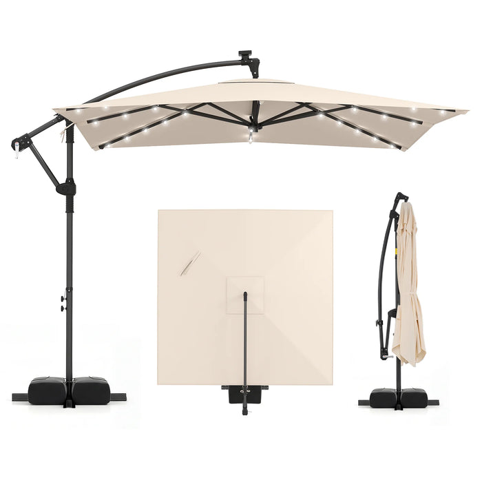 250 x 250 cm Solar LED Offset Cantilever Patio Umbrella Square Hanging Outdoor Market Umbrella-Brown