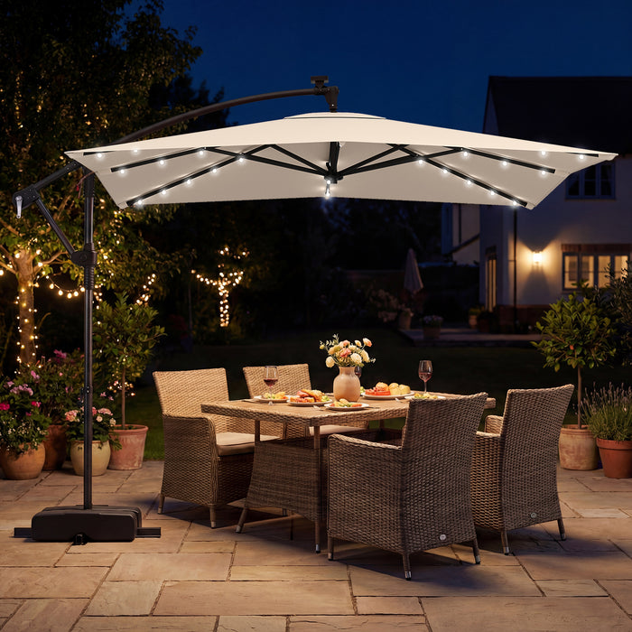 250 x 250 cm Solar LED Offset Cantilever Patio Umbrella Square Hanging Outdoor Market Umbrella-Brown