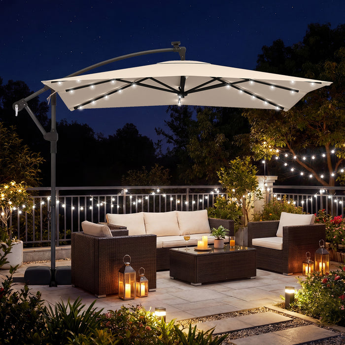 250 x 250 cm Solar LED Offset Cantilever Patio Umbrella Square Hanging Outdoor Market Umbrella-Brown
