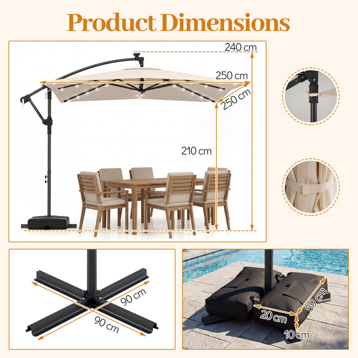 250 x 250 cm Solar LED Offset Cantilever Patio Umbrella Square Hanging Outdoor Market Umbrella-Brown