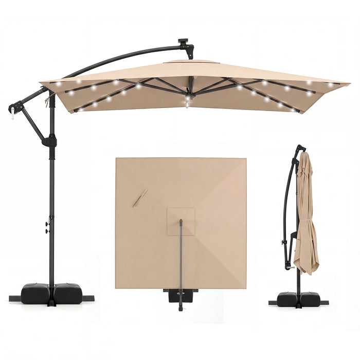250 x 250 cm Solar LED Offset Cantilever Patio Umbrella Square Hanging Outdoor Market Umbrella-Brown
