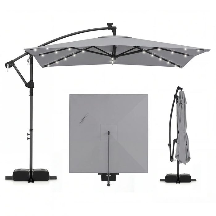 250 x 250 cm Solar LED Offset Cantilever Patio Umbrella Square Hanging Outdoor Market Umbrella-Brown