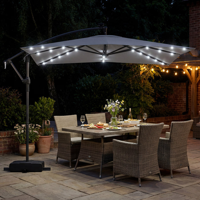 250 x 250 cm Solar LED Offset Cantilever Patio Umbrella Square Hanging Outdoor Market Umbrella-Brown