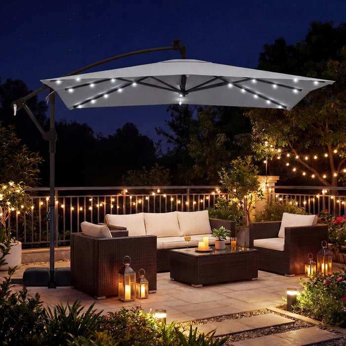 250 x 250 cm Solar LED Offset Cantilever Patio Umbrella Square Hanging Outdoor Market Umbrella-Brown