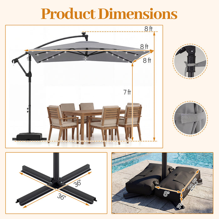 250 x 250 cm Solar LED Offset Cantilever Patio Umbrella Square Hanging Outdoor Market Umbrella-Brown