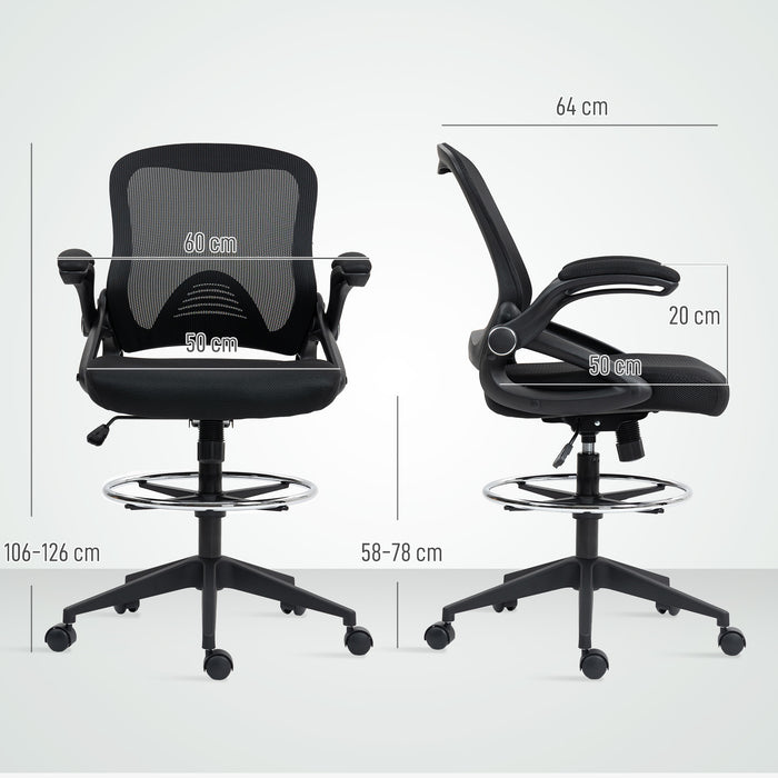 Vinsetto Drafting Chair with Flip-up Armrest, Mesh Office Stool with Foot Ring, 360° Swivel Height Adjustable Chair for Standing Desk, Black