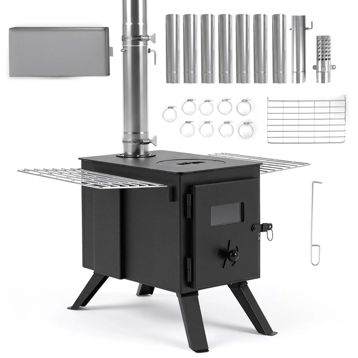 257 cm Wood Burning Stove with 8 Chimney Pipes and Spark Arrestor-