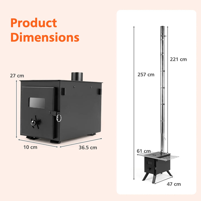 257 cm Wood Burning Stove with 8 Chimney Pipes and Spark Arrestor-