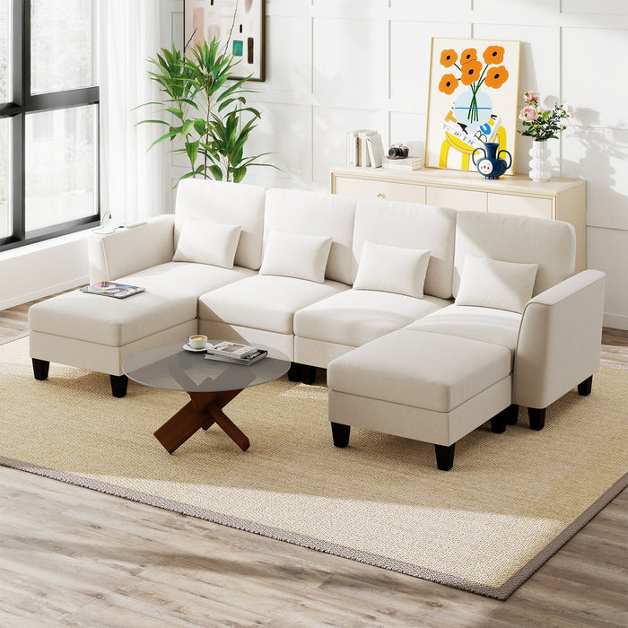 280 cm U-Shaped Sectional Sofa with 2 Ottomans & USB Charging Ports-Grey
