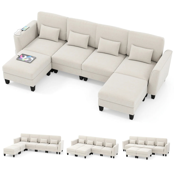 280 cm U-Shaped Sectional Sofa with 2 Ottomans & USB Charging Ports-Grey