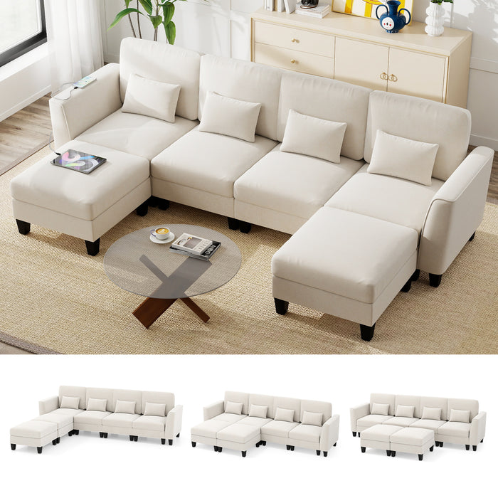280 cm U-Shaped Sectional Sofa with 2 Ottomans & USB Charging Ports-Grey
