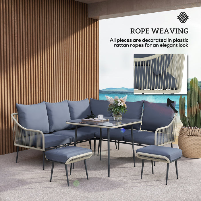 Outsunny 6 Piece Garden Furniture Set, Garden Corner Sofa Set with Thickened Cushions, Outdoor Patio Furniture Set with Glass Top Table, Footstools for Conservatory, Light Grey