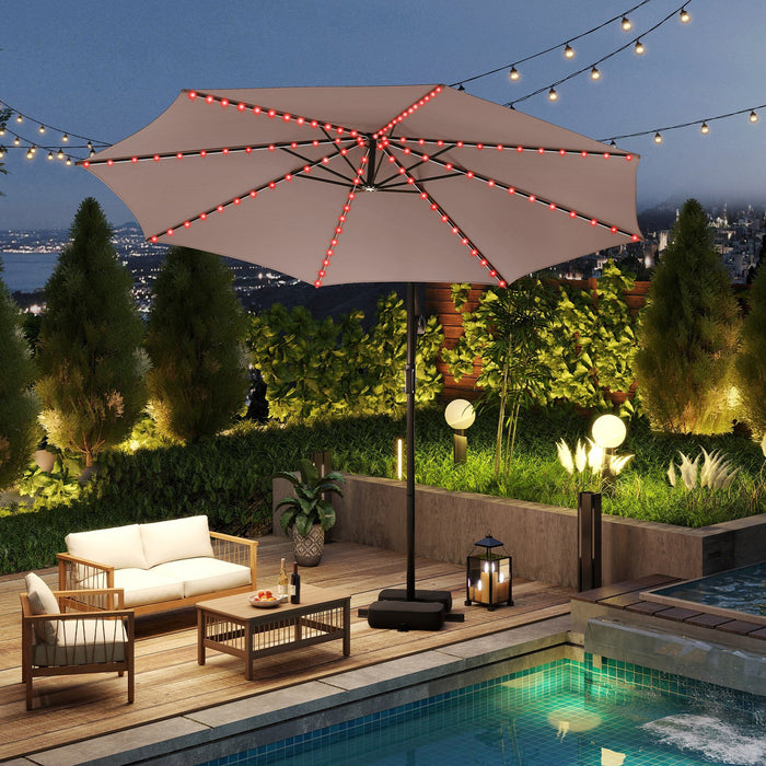 290 cm Solar Offset Hanging Sunshade Umbrella with Base LED Lights for Patio-Beige