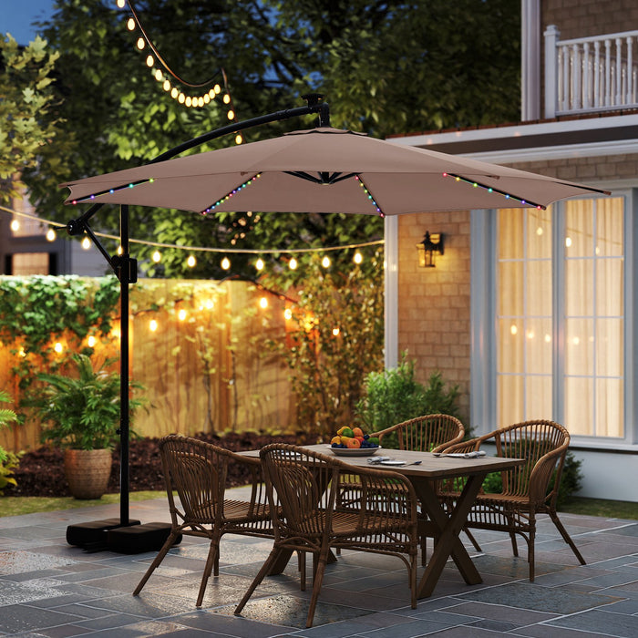 290 cm Solar Offset Hanging Sunshade Umbrella with Base LED Lights for Patio-Beige