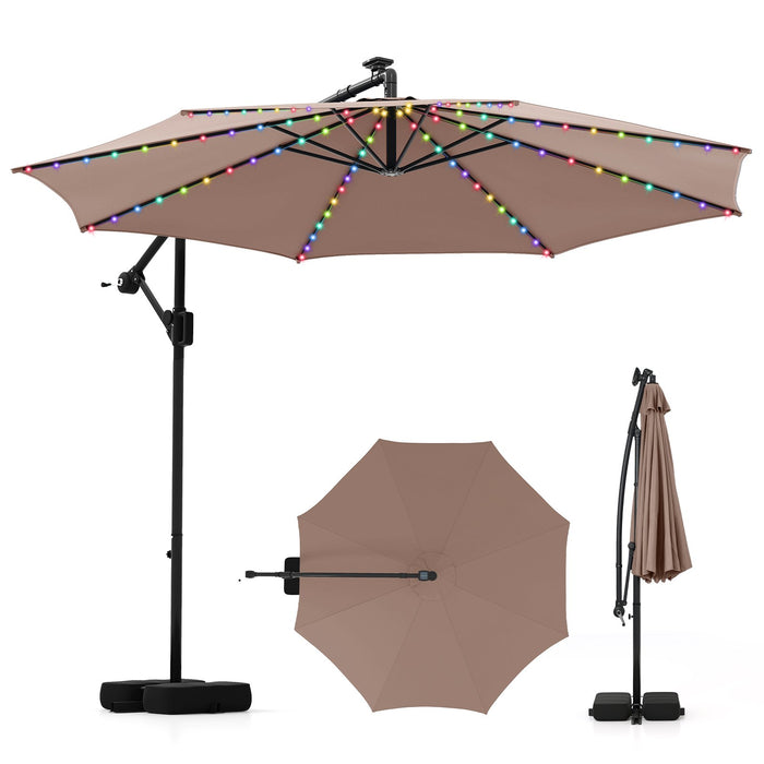 290 cm Solar Offset Hanging Sunshade Umbrella with Base LED Lights for Patio-Beige