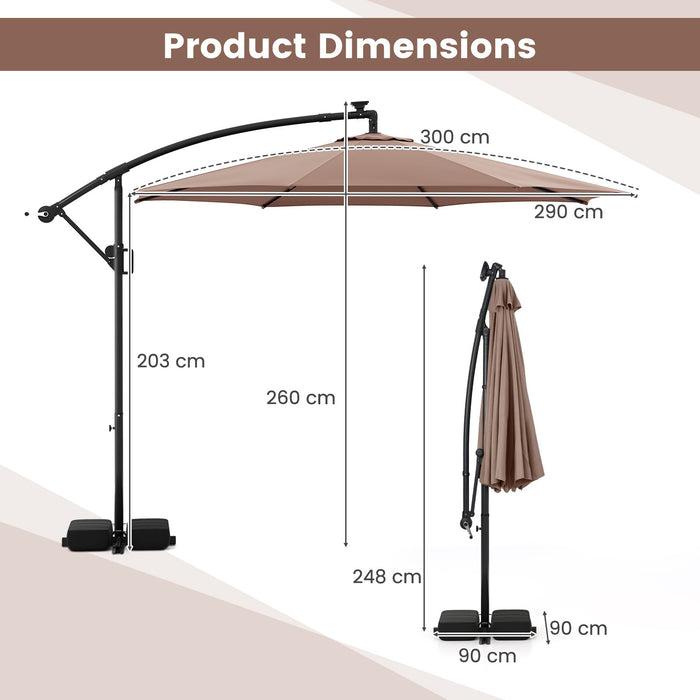 290 cm Solar Offset Hanging Sunshade Umbrella with Base LED Lights for Patio-Beige