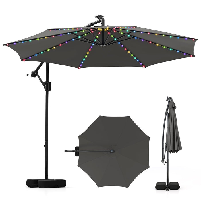 290 cm Solar Offset Hanging Sunshade Umbrella with Base LED Lights for Patio-Beige