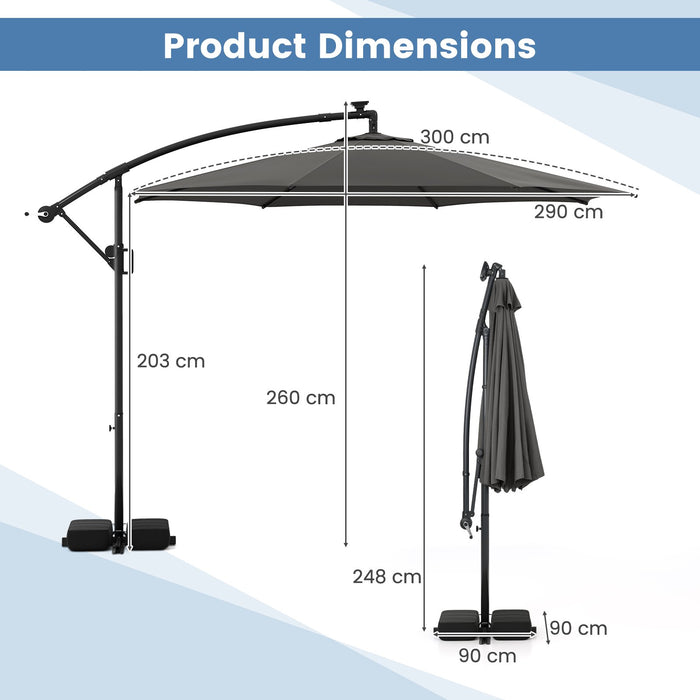290 cm Solar Offset Hanging Sunshade Umbrella with Base LED Lights for Patio-Beige
