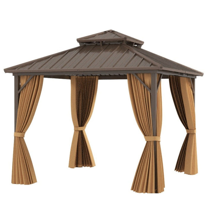 290 x 290 cm Hardtop Gazebo with Netting and Curtain and Double-Roof Metal Top-