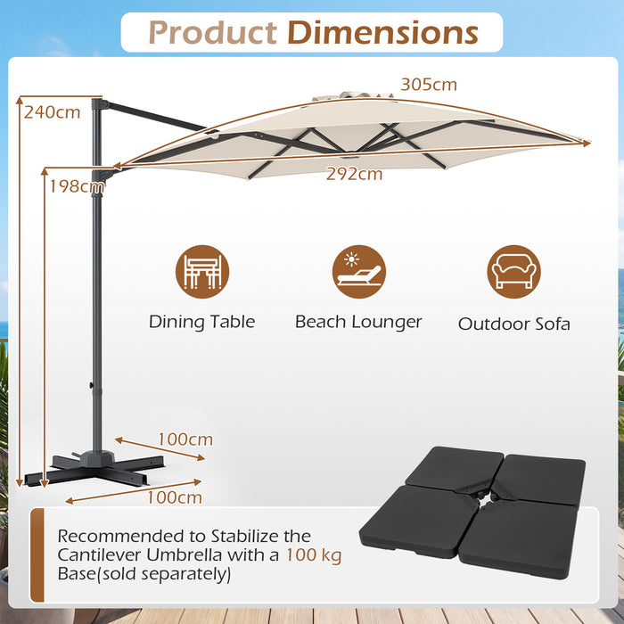 292cm Patio Cantilever Umbrella Large Offset Hanging Umbrella with 360° Rotation-