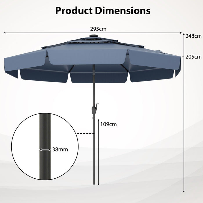 295 cm Solar Patio Umbrella with 32 LED Lights and 3-Tier Vented Top-Tan