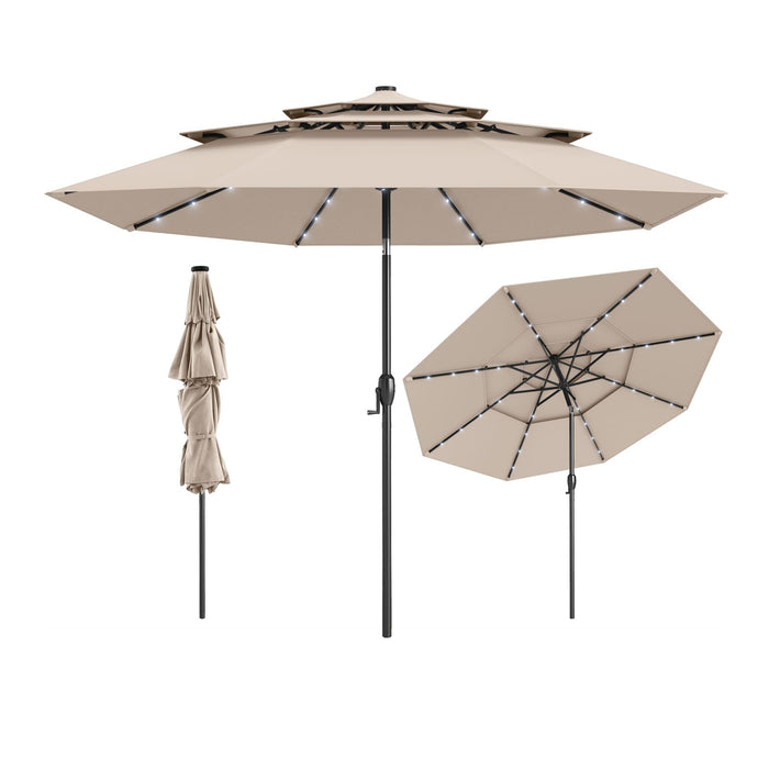297 cm Solar Patio Umbrella with 32 LED Lights and 3-Tier Vented Top-Grey