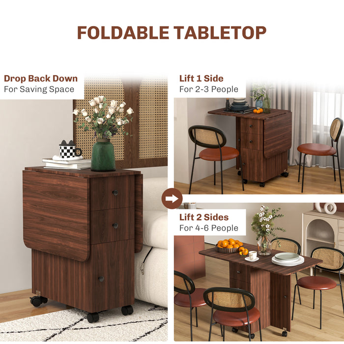 HOMCOM Multi-Storage Six-Person Drop Leaf Dining Table -  Distressed Brown