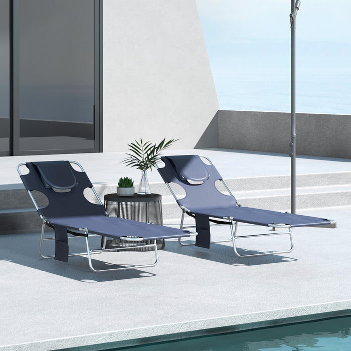 Foldable Sun Lounger Set with Reading Hole and Adjustable Backrest - Portable Reclining Chair with Side Pocket and Headrest, Grey - Ideal for Poolside Relaxation and Comfort Reading