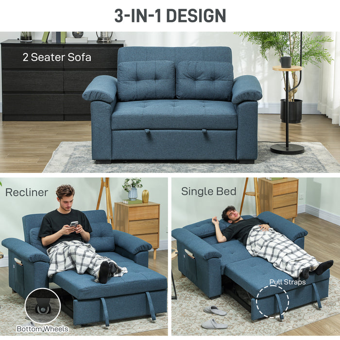 HOMCOM Pull Out Sofa Bed, Fabric 2 Seater Click Clack Sofa Bed Settee, Convertible Sofa Couch with 2 Pillows and Side Pockets for Living Room, Home Office, Blue