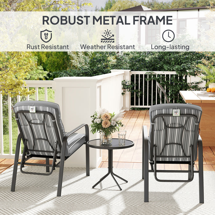 Outsunny 3-Piece Patio Bistro Set, 5-Position Adjustable Recliner Garden Chairs and Tempered Glass Table, Garden Furniture Set with Cushions, High Back, Armrests, Metal Frame for Balcony Patio, Grey