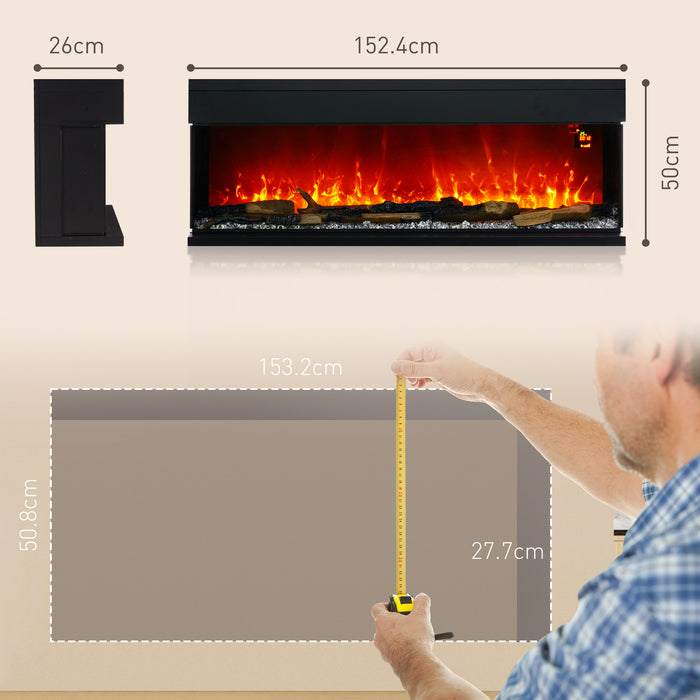 HOMCOM 60inch/ 152cm Media Electric Fireplace Wall Mounted, Recessed, Insert, Freestanding, Glass Electric Fire with Adjustable LED Flame Effect, Log, Crystal, Remote Control, 1800W, Black | Aosom UK
