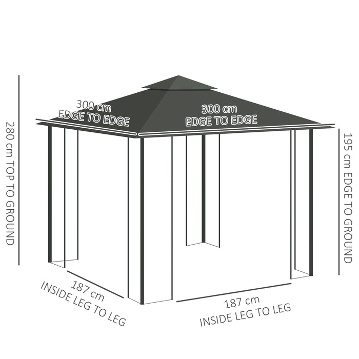 Outsunny 3 x 3(m) Steel Frame Double Roof Garden Gazebo - Grey