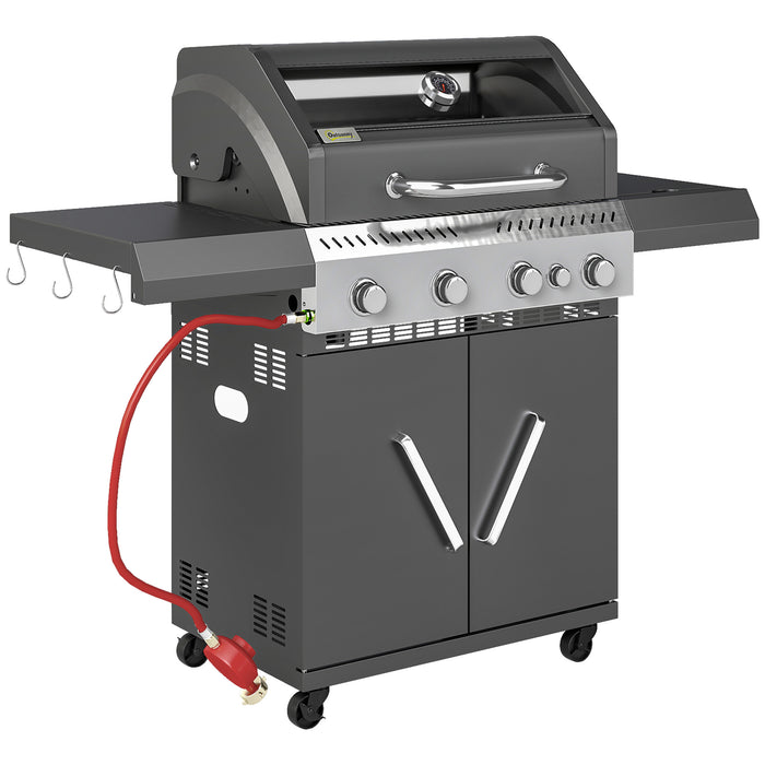 Outsunny 4+1 Burner Gas BBQ Grill with Clear View Lid, Portable Gas Barbecue Grill with Built-in Thermometer, Side Table, Cabinet, Wheels, Grease Tray for Garden Party Outdoor Cooking, Black