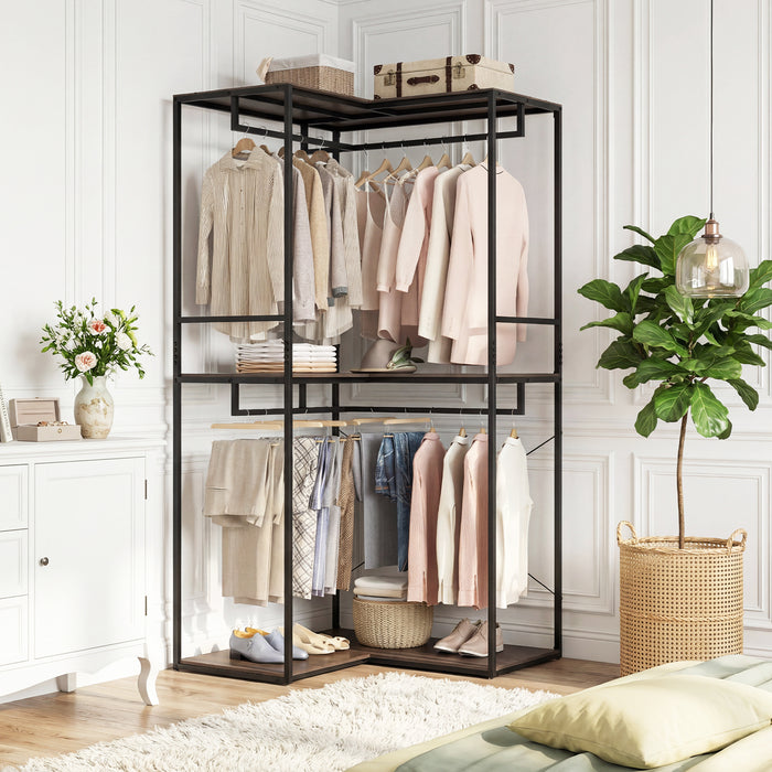 2M L-shaped Coat Rack Unit with 3 Shelves and 4 Rails Open Wardrobe-