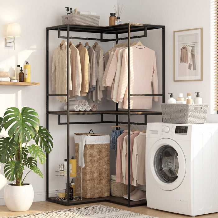 2M L-shaped Coat Rack Unit with 3 Shelves and 4 Rails Open Wardrobe-